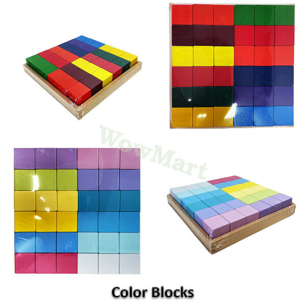 Kid Wooden Education Toy Rainbow Building Block Mosaic Cube &amp; Storage Tray 36Pcs -