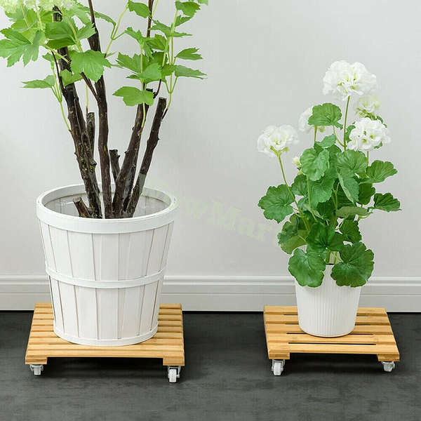 Bamboo Wooden Flower Pot Stand Dolly Plant Moving Castor Wheel Trolley 25-30cm -
