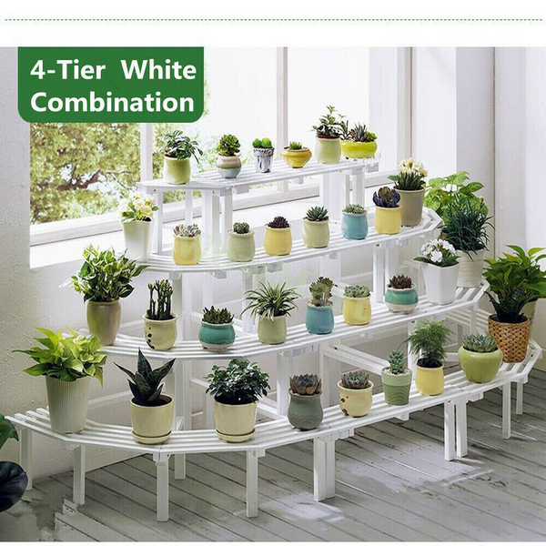Pure Wood Flower Pot Stand Flower Step Shelf Doorway Balcony Verandah Garden Wht -