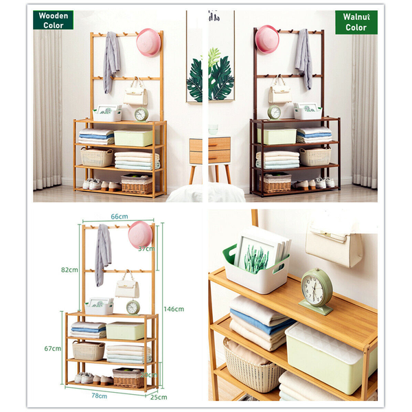 Hallway Bamboo Shoe Rack Coat Hat Bag Hanging Rack Hanger Storage Shelving Unit