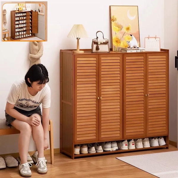 Hallway Bamboo Cupboard Shoe Cabinet Rack Storage Organize Shelf 3-4 Louver Door