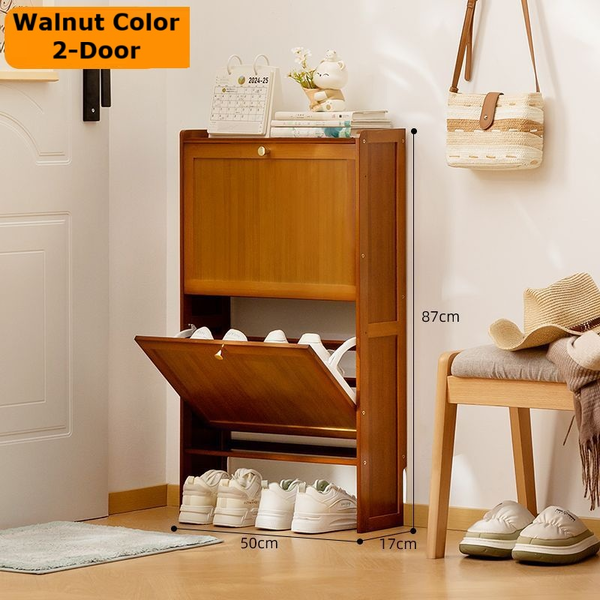 Wooden Behind Door Slim Shoe Cabinet Hallway Flip Drawer Shoe Organizer 2-Tier