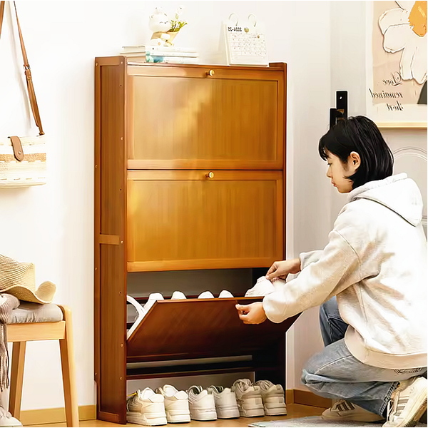 Wooden Behind Door Slim Shoe Cabinet Hallway Flip Drawer Shoe Organizer 3-Tier