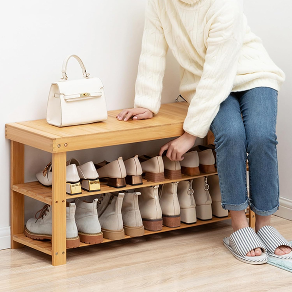 Pure Bamboo Shoe Rack Shoe Changing Bench Stool Wooden Storage Shelf Organizer A