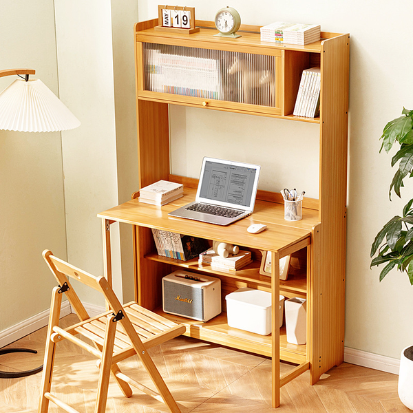 3-IN-1 Bamboo Folding Study Desk Computer Desk Bookshelf Flip Door Storage Cabinet