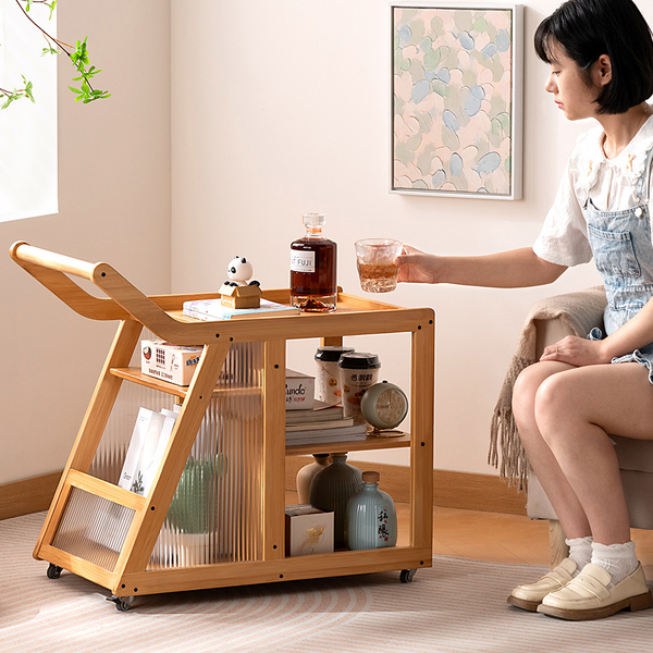 Bamboo Narrow Storage End Table Nightstand Side Table Mobile Tea Rolling Cart