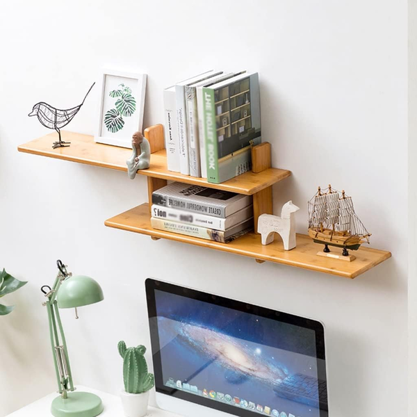Wall Mount Bamboo Wooden Corner Shelf  2-Tier Bookshelf Decor Storage Rack 110cm