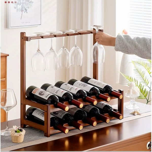 2 Tier Bamboo Wooden Wine Rack Glass Hanger Countertop Wine Bottle Holder Stand