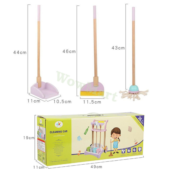 Kid Wooden Pretend Toy Broom Mop Cleaning Cart Set &amp; Garbage Sorting Card Game -