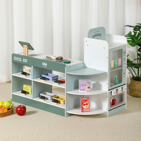 Kid Wooden Pretend Play Toy Supermarket Grocery Corner Shop Cash Register Set 