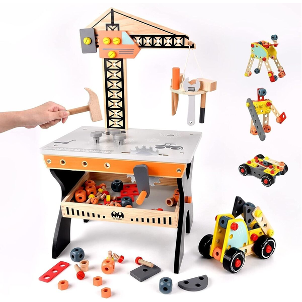 Kid Wood Pretend Play Toy Crane Tool Work Bench Construction Tool Bench Set 3Y+ -