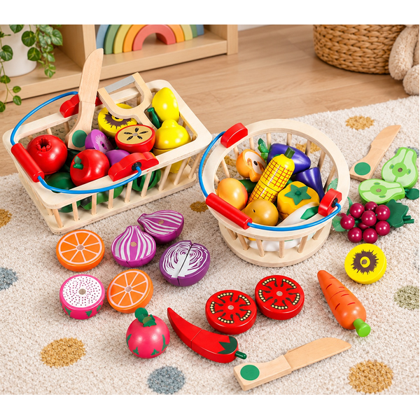 Wooden Kid Pretend Play Toy Magnetic Cutting Toy Fruit / Vegetable Basket Set 