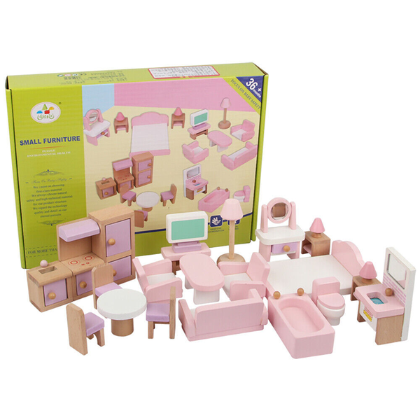 Kid Wooden Pretend Toy Doll House Miniature Furniture Mini Furniture 19pc Set 