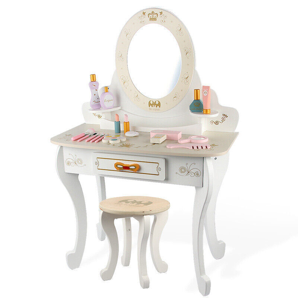 Kid Vanity Dressing Table Stool Set Makeup Mirror Drawer Dresser Pretend Toy 14p -