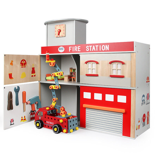 Large Kid Fire Station Doll House Fire Truck Furniture Tool Wooden Pretend Toy  -