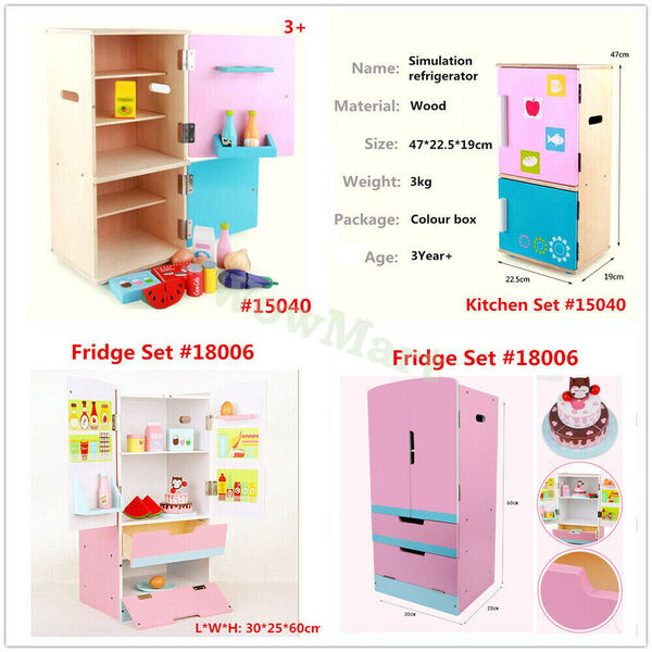 New Deluxe Wooden Kid Pretend Play Toy Kitchen Fridge Food Drink Accessories Set -