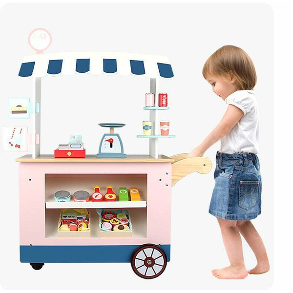 Kid Wooden Pretend Toy Food Grocery Store Stall Market Mobile Stand Cart Trolley -