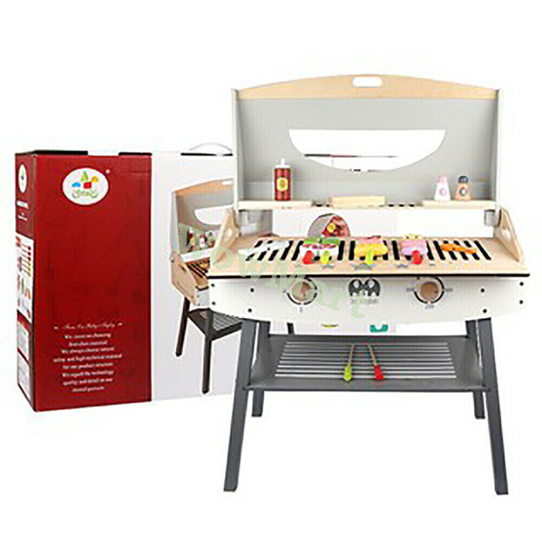 Kid Pretend Play Toy Wooden Kitchen Open Hood BBQ &amp; Cooking Accessories Set -