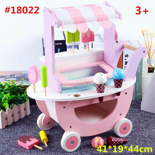 Kid Educational Pretend Toy Wooden Ice Cream Ice Block Lolly Shop Cart Play Set -