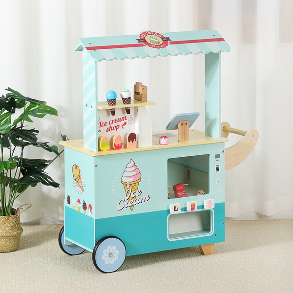 Kid Pretend Play Toy Wooden Ice Cream Cart Sweets Shop Stand Vending Machine -