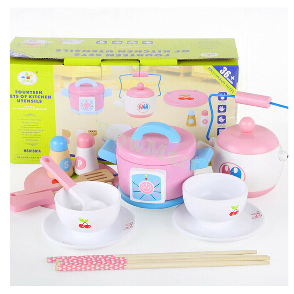 Kid Wooden Pretend Toy Kitchen Cookware &amp; Dinnerware Utensil Set 14pcs -