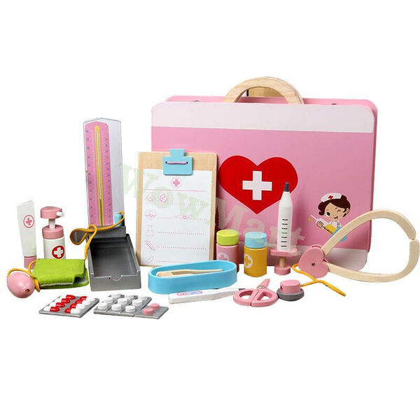 Kid Wooden Classic Pretend Toy Medical Role Play Doctor Carry Case Set 15 Pcs -