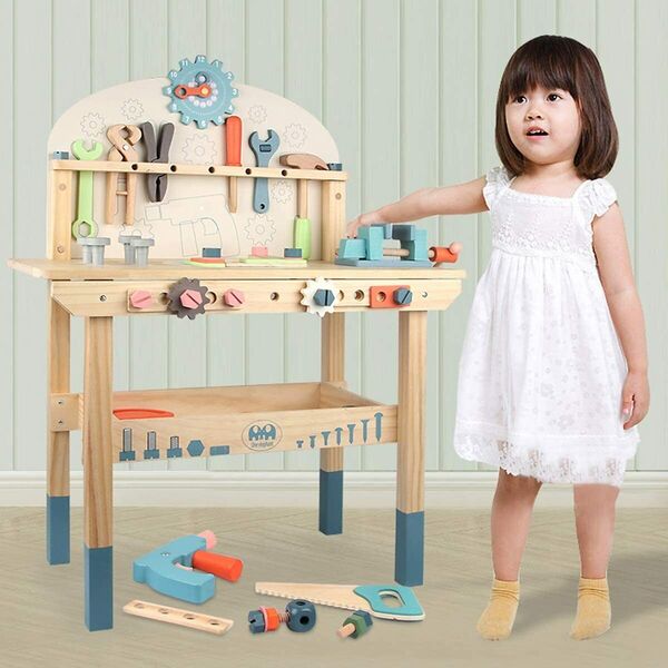 Kid Wooden Pretend Play Toy Tool Stand Work bench Saw Hammer Screwdriver Set 50P -