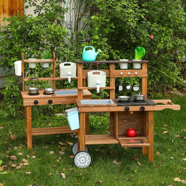 Wooden Kid Mud Kitchen Sand Water Planting Play Kitchen Pretend Toy Wheeled Cart