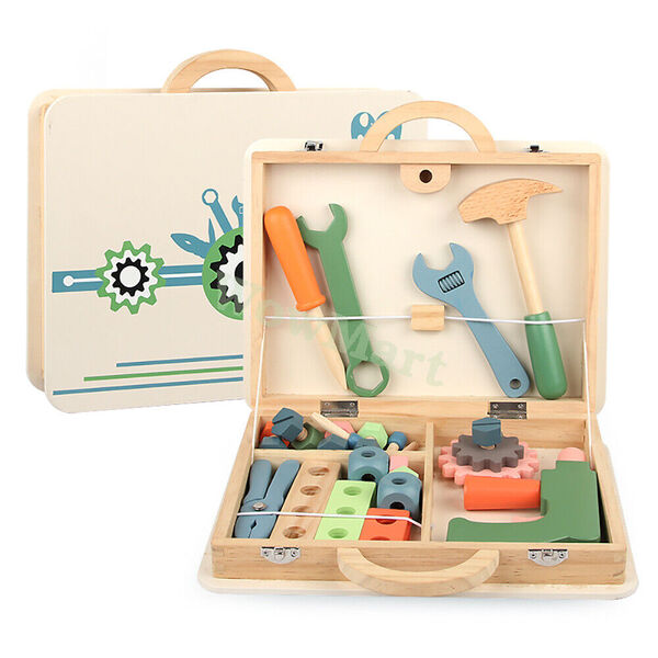 Kid Educational Pretend Toy Wooden Hand Tool DIY Building Block &amp; Case Set -