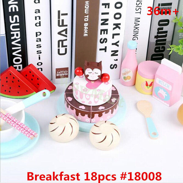 New Classic Kid Wooden Pretend Food Toy 18pcs Breakfast Set #18008 -