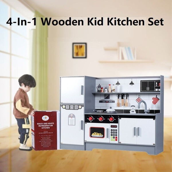 4-In-1 Kid Wooden Cooking Bench Oven Fridge Utensils Kitchen Pretend Play Toy -