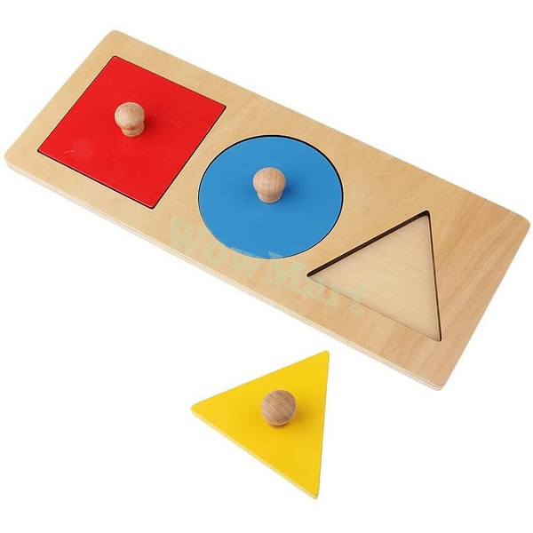 Montessori Learning Toy Wooden Jigsaw Puzzle Geometry 3 Shape Panel Hand Knob -
