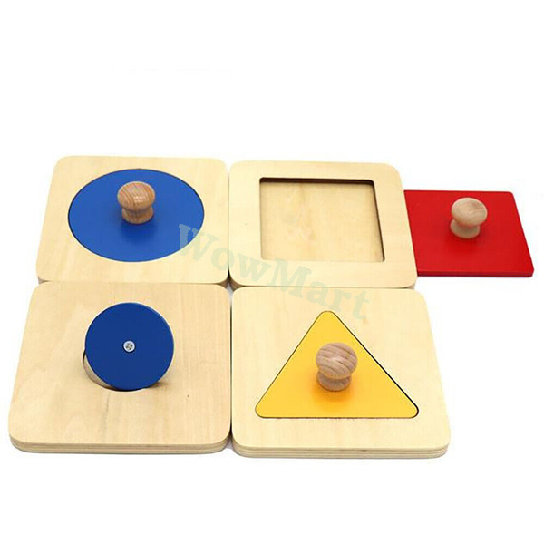 Montessori Learning Toy Wooden Jigsaw Puzzle Geometry 4 Shape Color Panel &amp; Knob -