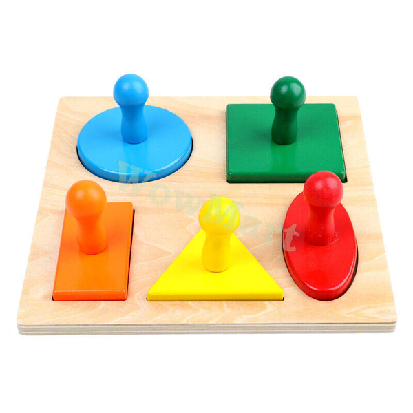 Montessori Learning Toy Wooden Jigsaw Puzzle Geometry 5 Shape Panel Hand Grip -