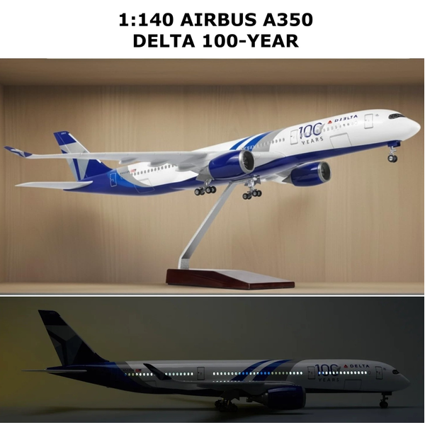 1:140 Delta A350 100 YEAR Plane Model LED Light Wheel Airbus Aircraft Model 47cm