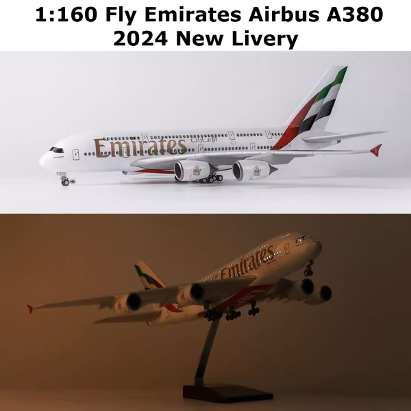 1:160 New LIVERY Fly Emirates A380 Plane Model / LED Light Wheel Aircraft Model