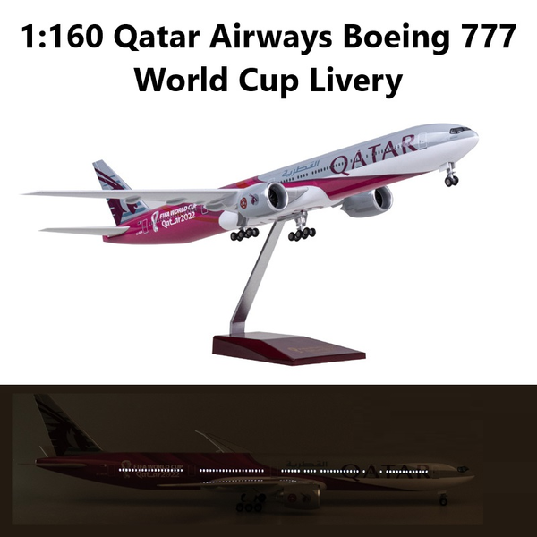 1:160 Qatar Boeing 777 WORLD CUP Livery LED Light &amp; Wheel Aircraft Plane Model