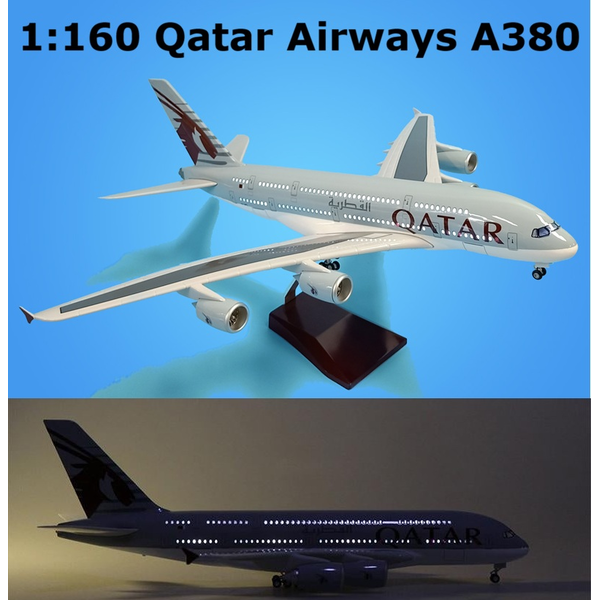 1:160 Qatar Airways A380 Plane Model / LED Light &amp; Wheel Aircraft Model 45cm