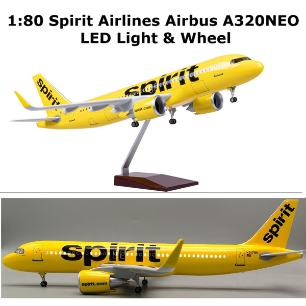 1:80 Spirit Airline A320 NEO Plane Model LED Light &amp; Wheel Airbus Aircraft Model
