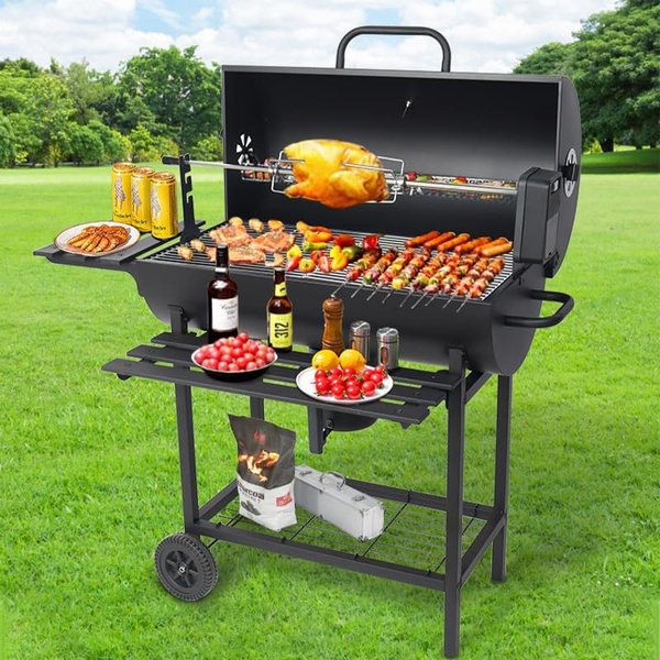 Outdoor Barrel Hood Charcoal BBQ Grill &amp; Spit Roaster Rotisserie Barbecue Smoker