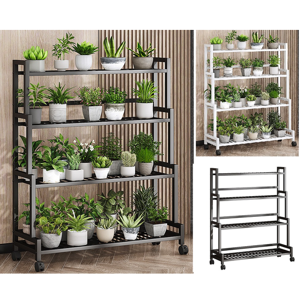 4 Tier Portable Metal Step Plant Stand Wheeled Flower Pot Planter Corner Shelf