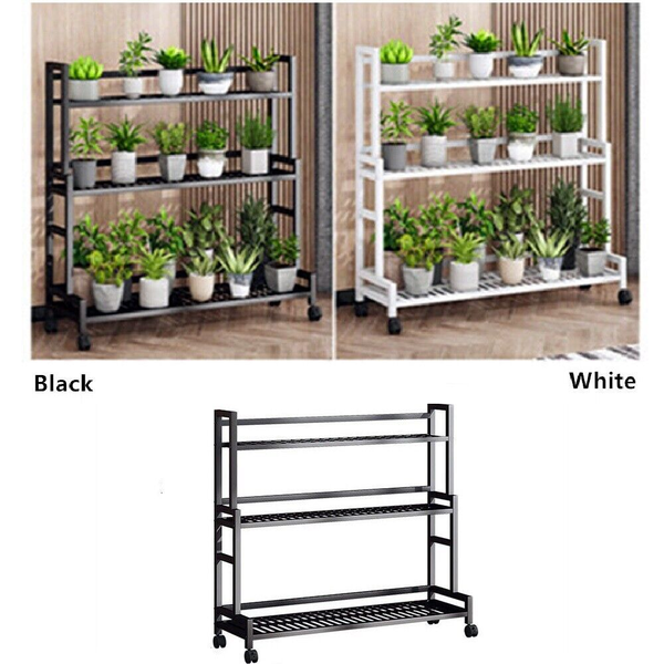 3 Tier Portable Metal Step Plant Stand Wheeled Flower Pot Planter Corner Shelf