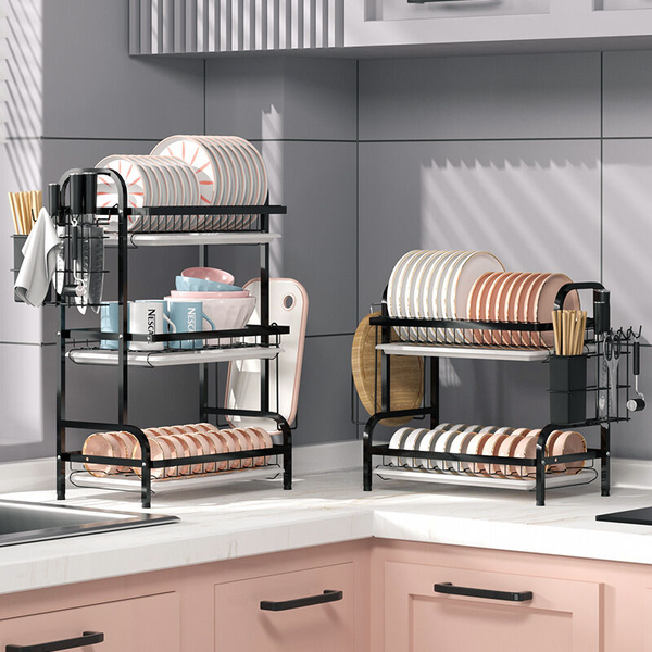 Metal Steel Dish Drying Rack Drainer Cup Plate Cutlery Holder Organizer 2-3 Tier