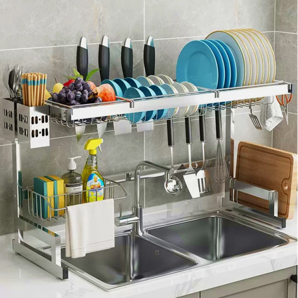 Stainless Steel Over Sink Dish Drying Rack Cup Cutlery Drainer Kitchen Organizer