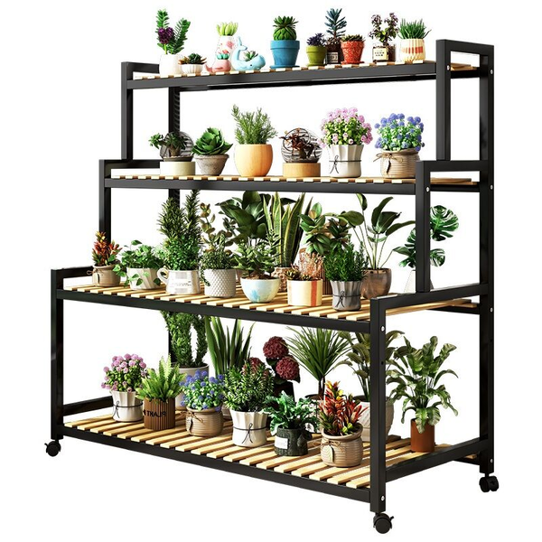Wheeled Portable Ladder Step Plant Stand Flower Pot Shelf Planter Corner Shelf