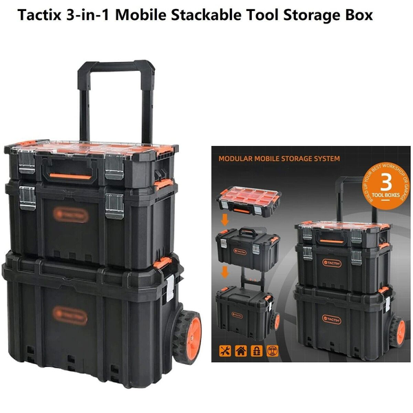 Portable Tactix 3-in-1 Tool Box Parts Organizer Mobile Tool Storage Trolley Set