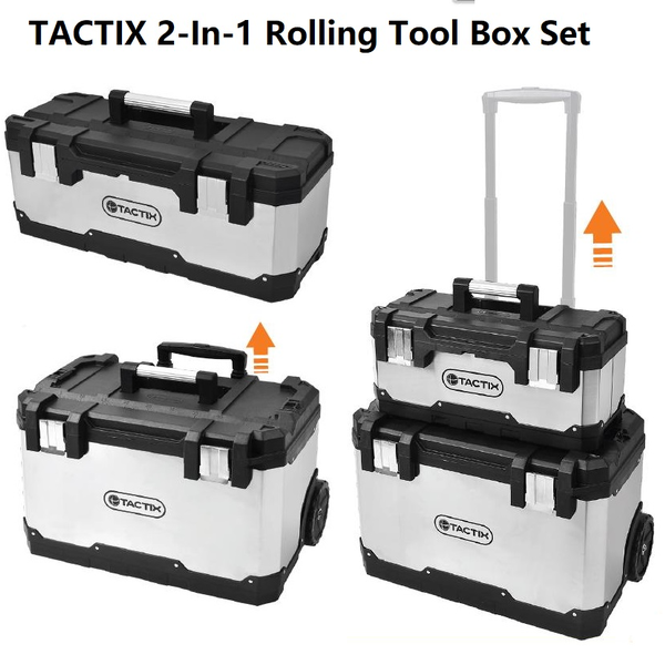 TACTIX Stackable Stainless Steel Rolling Tool Box Parts Tool Storage Trolley Set
