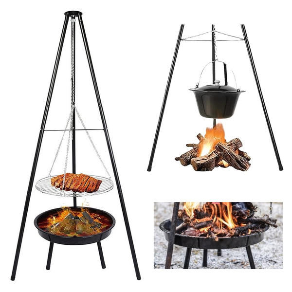 3-IN-1 Camping Tripod Hanging Grill Fire Pit BBQ Steel Height-Adjustable Tri Pod