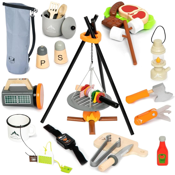 UMU Kid Pretend Camping Toy Campfire Playset Wooden BBQ Grill Toy 3Y+ 45 Pcs 