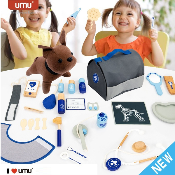 UMU Pretend Play Toy Veterinary Doctor Set Wooden Pet Care Vet Playset 37pcs 3Y+